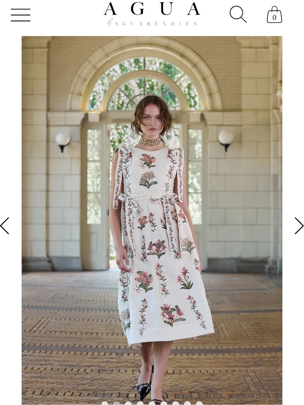 Agua by Agua Bendita White Midi Dress with Pink & Green Floral Embroidery